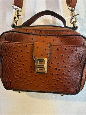 Vintage Faux Ostrich Vegan Leather Crossbody Bag with Top Handler